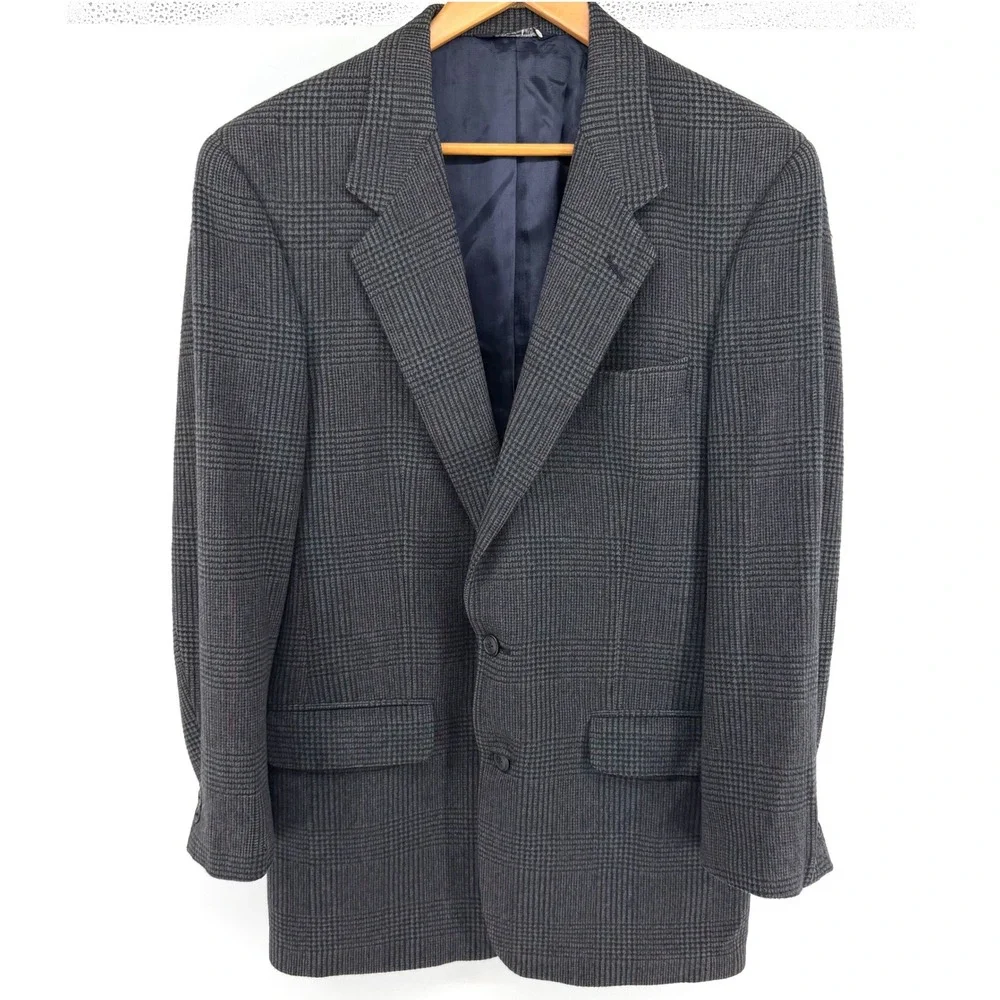 Burberrys Vintage Mens Grey Glen Plaid Camel Hair Blazer Sport Coat Overcheck